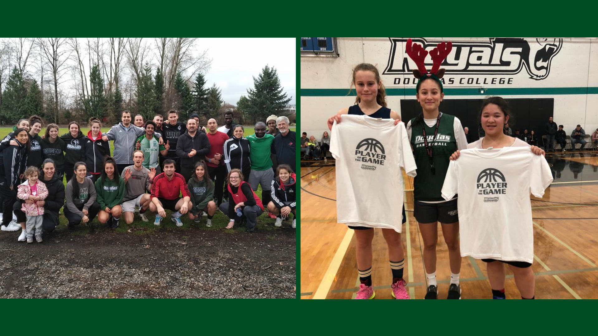 Women's Soccer (left) pictured with members from the VSSL program. Cassie Brinn (right) from the Women's Basketball team pictured awarding the players of the game during the tournament.