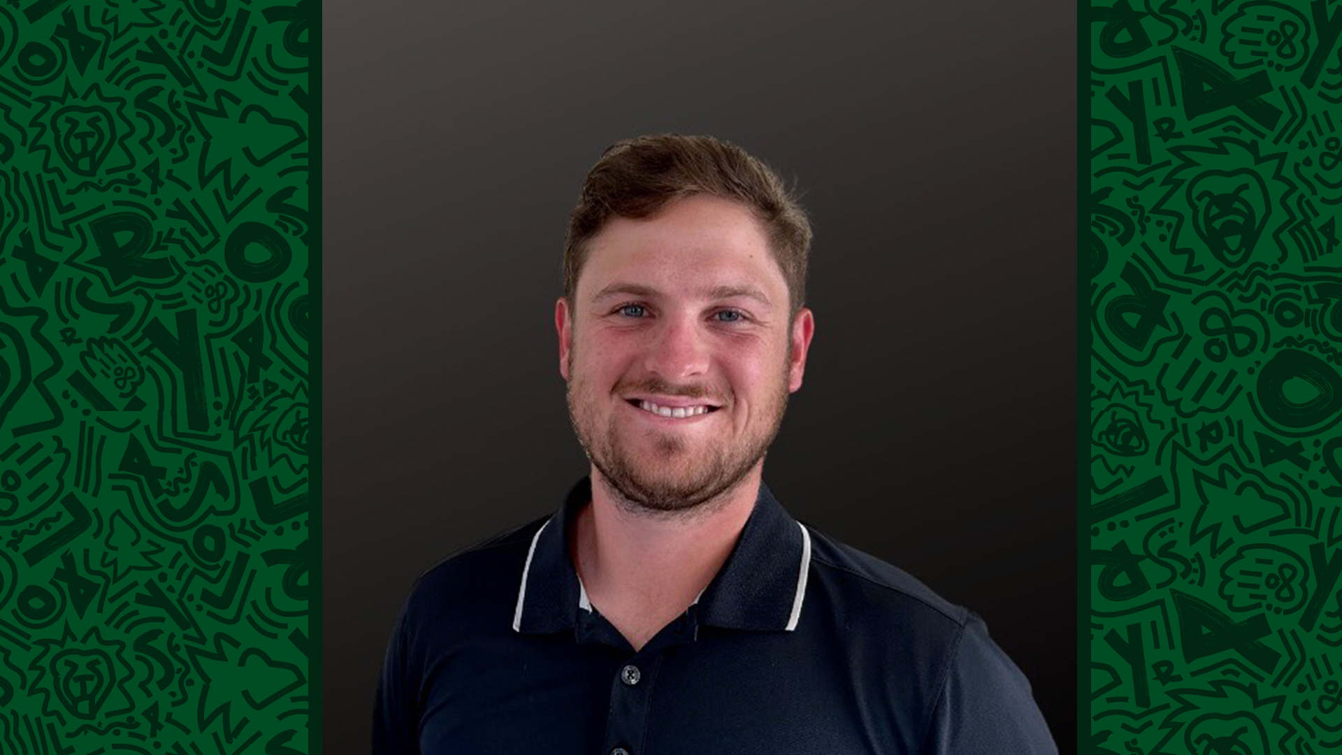 Head shot of Coach Braden Persian on green background with graffiti text